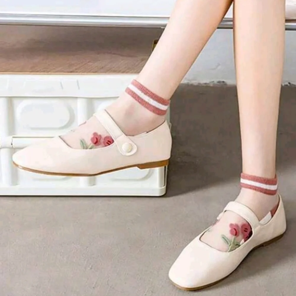 Sheer Socks with Red Floral Design Cream Maroon Spring Summer Lace Ankle Socks